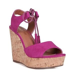 HOTSOLES Pony Suede Peep Toe Slingback Cork Wedge in Fuchsia Magenta Size 8.5